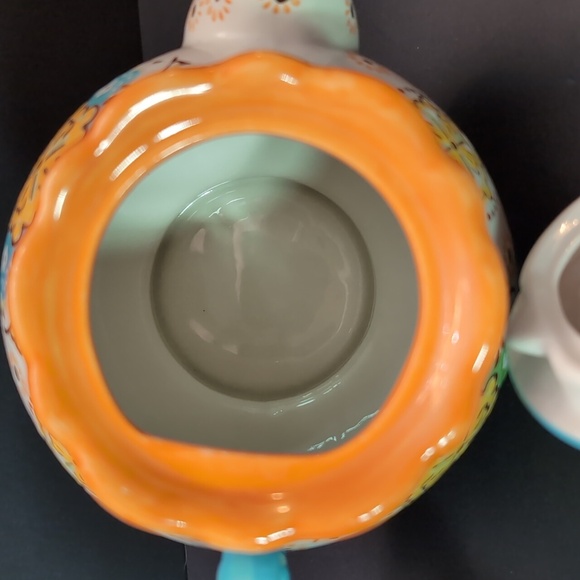 Dutch Wax by Coastline Imports Hand painted Turquoise/Orange Teapot. - Picture 5 of 11